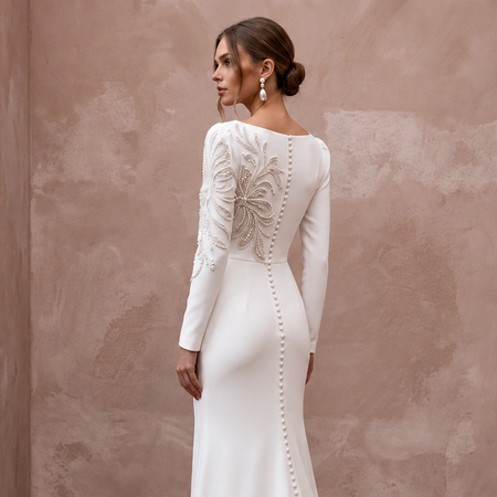 Modern Sculpted Crepe Wedding Gown with Long Sleeves