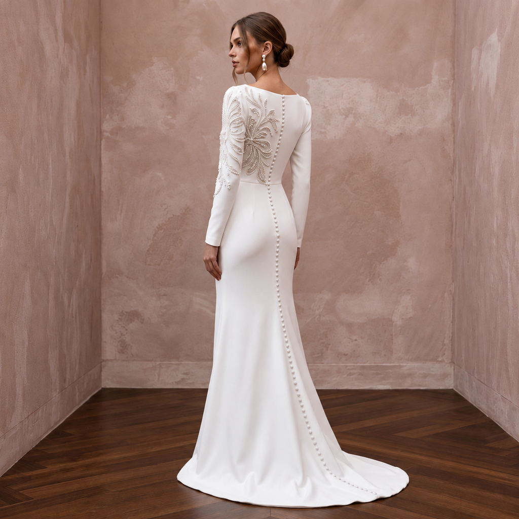 Modern Sculpted Crepe Wedding Gown with Long Sleeves