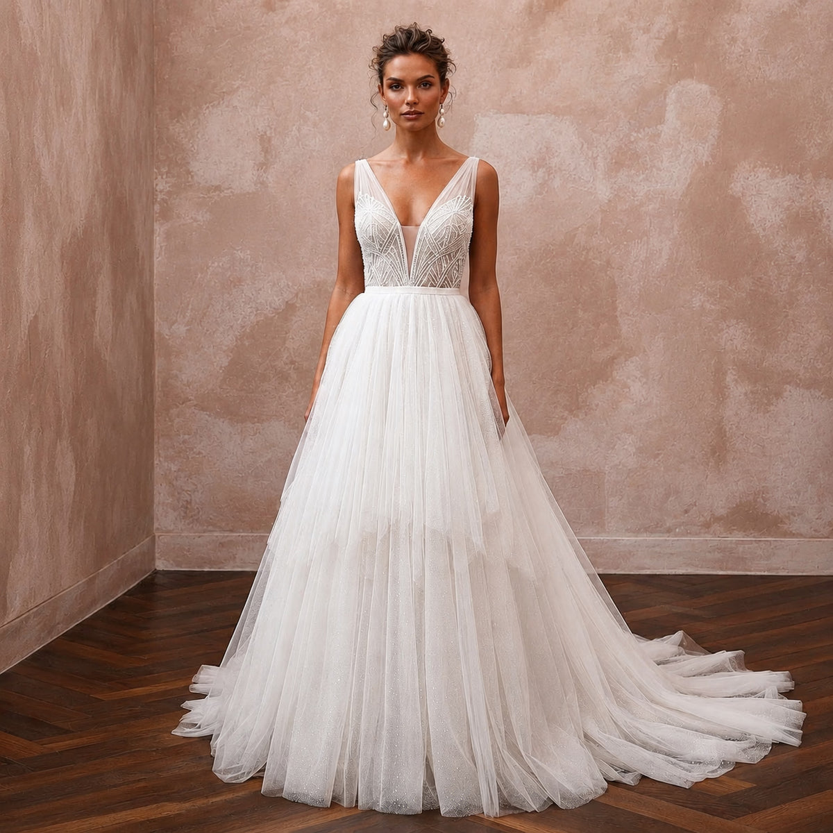 Modern Tulle Ball Gown Wedding Dress with V - Neck - Apparel & Accessories > Clothing > Wedding & Bridal Party Dresses > Wedding Dresses - Mignonette Bridal Main image