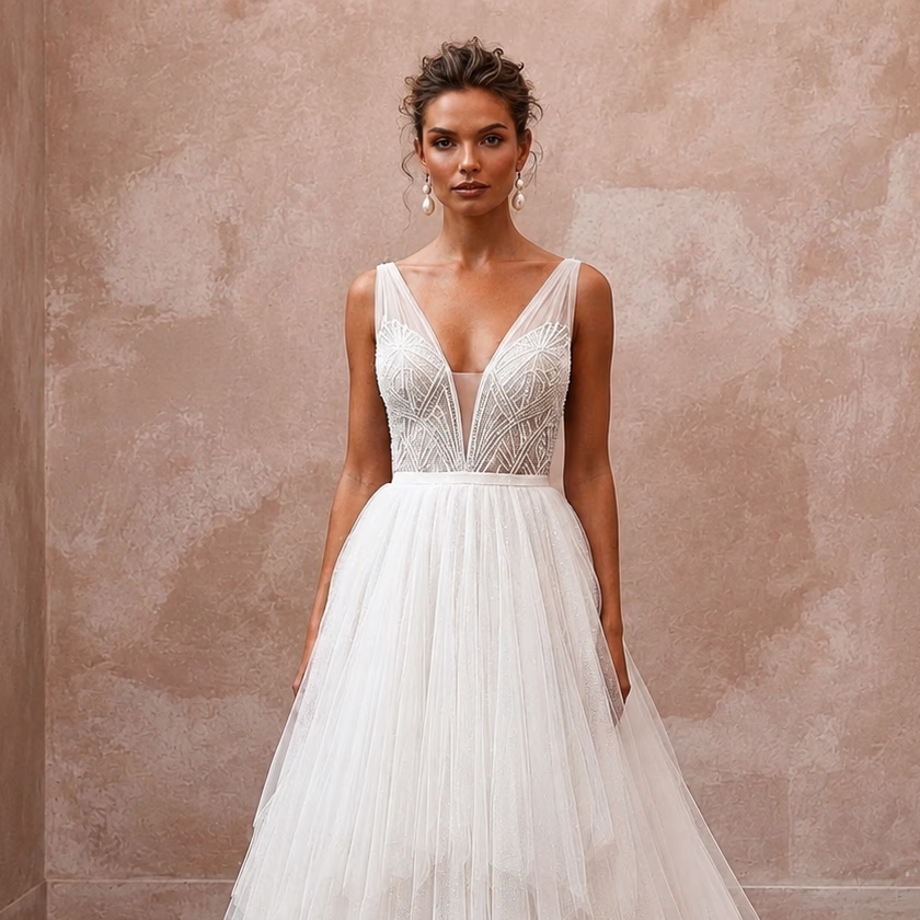 Modern Tulle Ball Gown Wedding Dress with V - Neck - Apparel & Accessories > Clothing > Wedding & Bridal Party Dresses > Wedding Dresses - Mignonette Bridal
