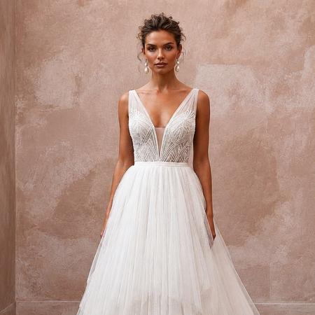 Modern Tulle Ball Gown Wedding Dress with V - Neck - Apparel & Accessories > Clothing > Wedding & Bridal Party Dresses > Wedding Dresses - Mignonette Bridal