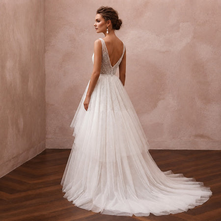 Modern Tulle Ball Gown Wedding Dress with V - Neck - Apparel & Accessories > Clothing > Wedding & Bridal Party Dresses > Wedding Dresses - Mignonette Bridal