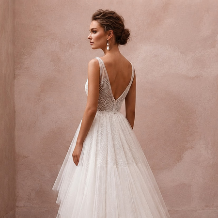 Modern Tulle Ball Gown Wedding Dress with V - Neck - Apparel & Accessories > Clothing > Wedding & Bridal Party Dresses > Wedding Dresses - Mignonette Bridal