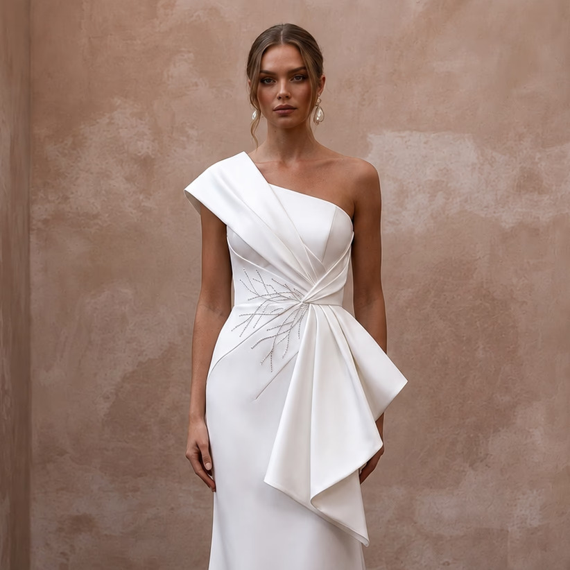 Modern Wedding Dresses with Sculptural Satin Shapes - Apparel & Accessories > Clothing > Wedding & Bridal Party Dresses > Wedding Dresses - Mignonette