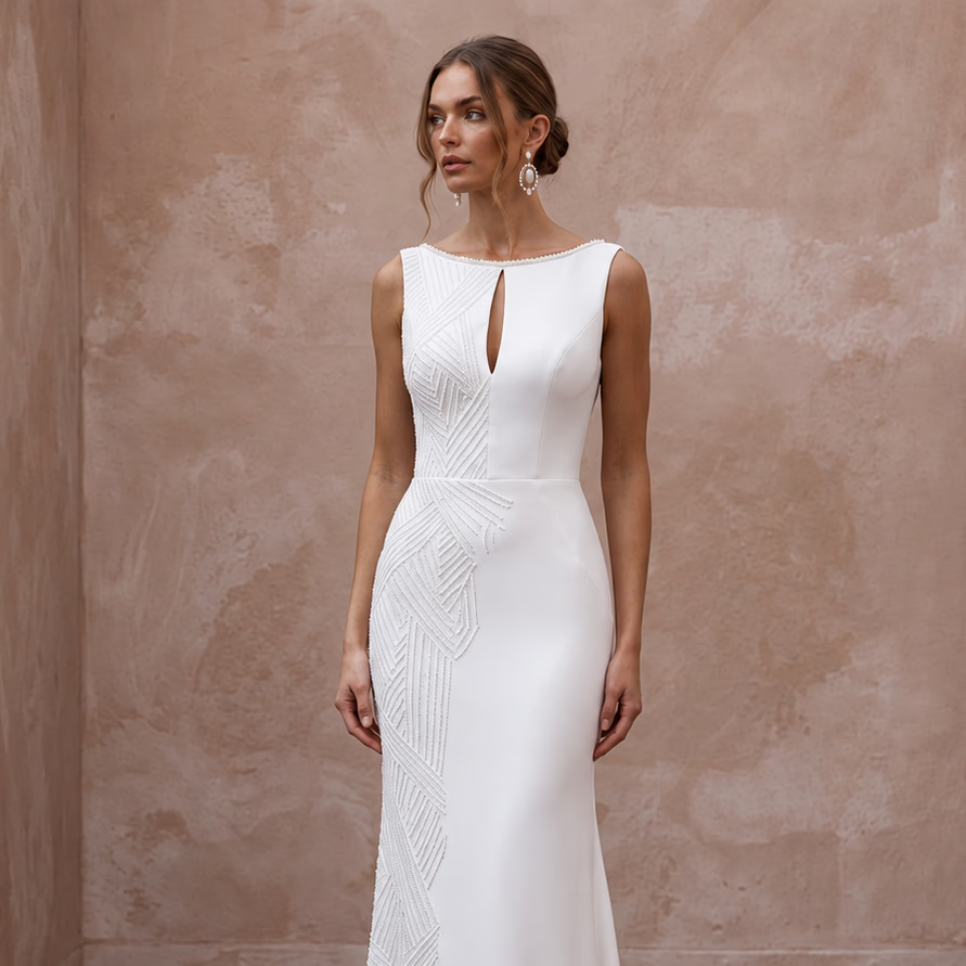 Modern White Crepe Column Bridal Gown for Civil Ceremony