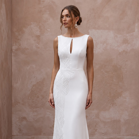 Modern White Crepe Column Bridal Gown for Civil Ceremony