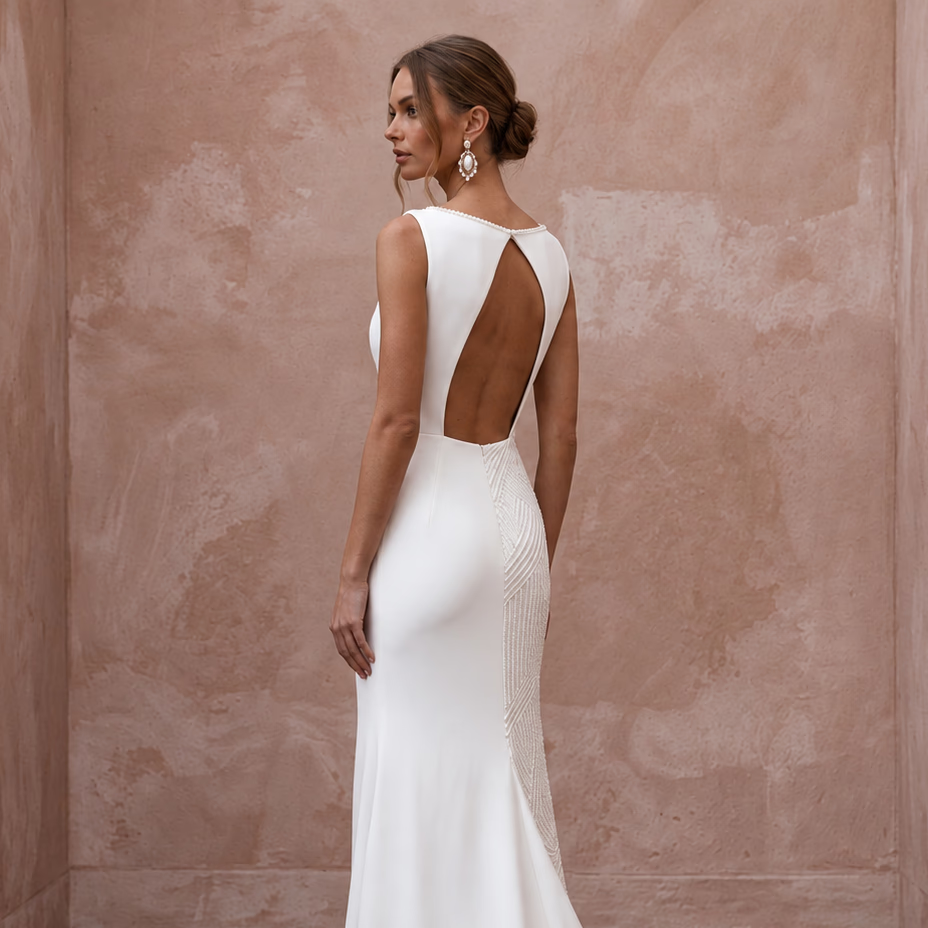 Modern White Crepe Column Bridal Gown for Civil Ceremony