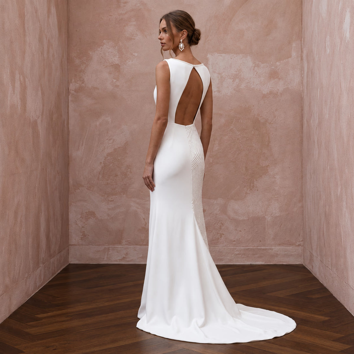 Modern White Crepe Column Bridal Gown for Civil Ceremony