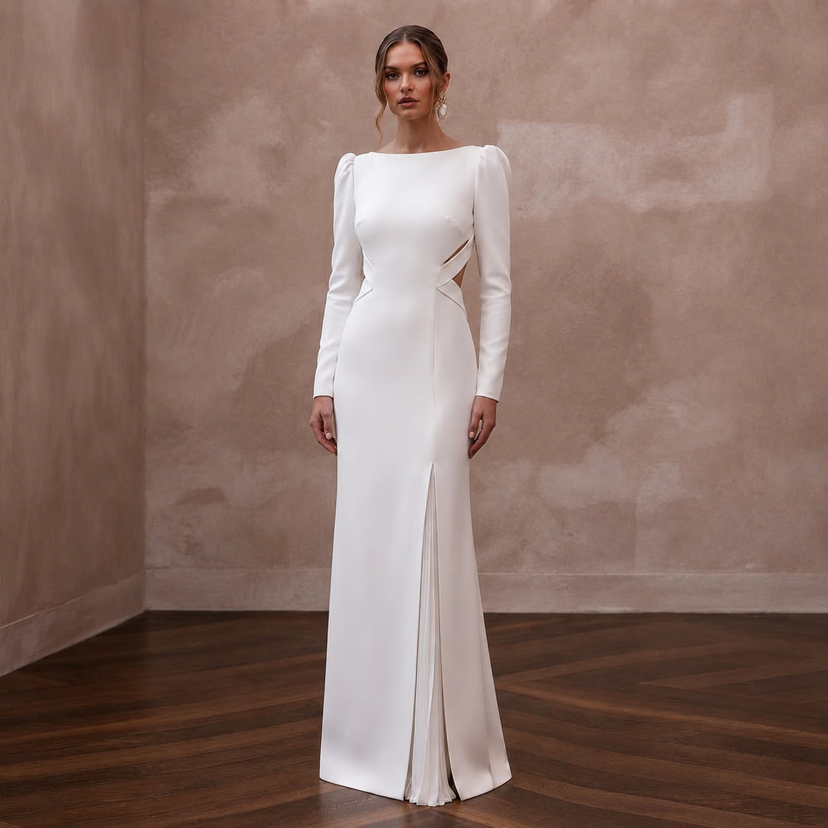 Modern White Crepe Column Gown for Civil Ceremony - Apparel & Accessories > Clothing > Wedding & Bridal Party Dresses > Wedding Dresses - Mignonette Bridal Main image