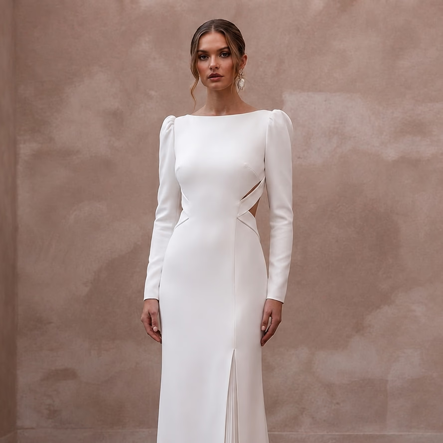 Modern White Crepe Column Gown for Civil Ceremony - Apparel & Accessories > Clothing > Wedding & Bridal Party Dresses > Wedding Dresses - Mignonette Bridal