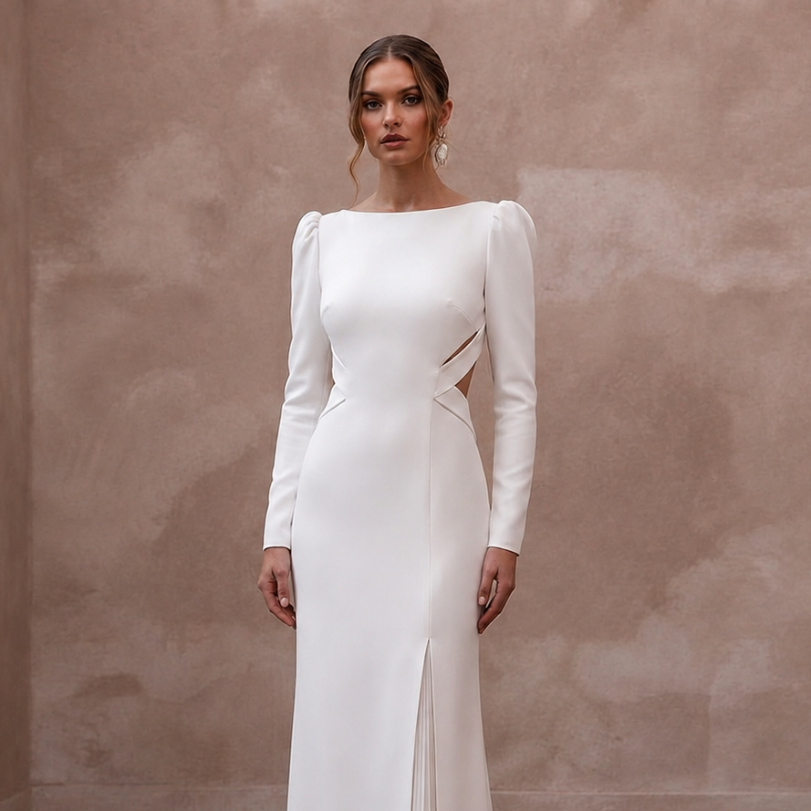 Modern White Crepe Column Gown for Civil Ceremony