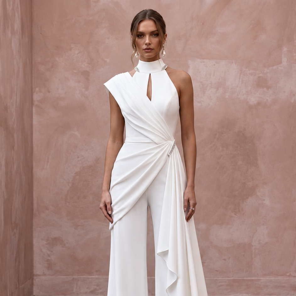 Modern White Stretch Georgette Draped Bridal Jumpsuit for Elopement
