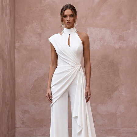 Modern White Stretch Georgette Draped Bridal Jumpsuit for Elopement