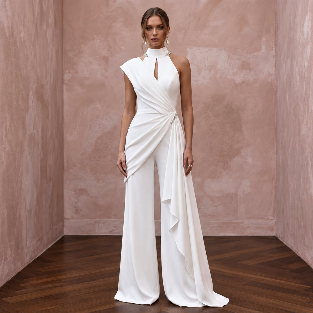 Modern White Stretch Georgette Draped Bridal Jumpsuit for Elopement - Apparel & Accessories > Clothing > Wedding & Bridal Party Dresses > Wedding Dresses - Mignonette Bridal Main image