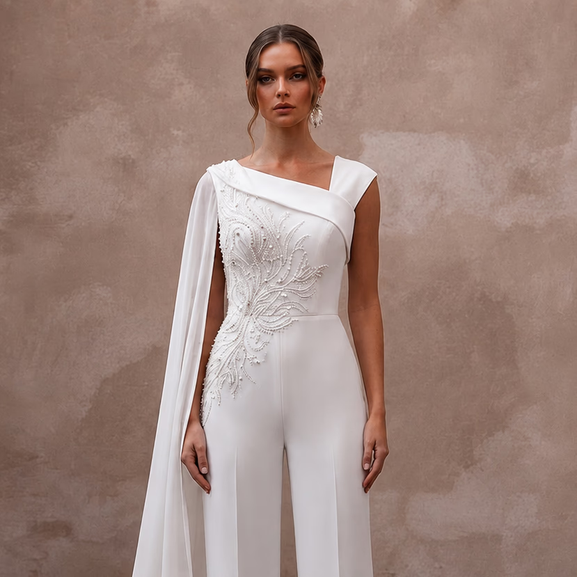 Modern White Stretch Georgette Draped Jumpsuit for Elopement - Apparel & Accessories > Clothing > Wedding & Bridal Party Dresses > Wedding Dresses - Mignonette Bridal