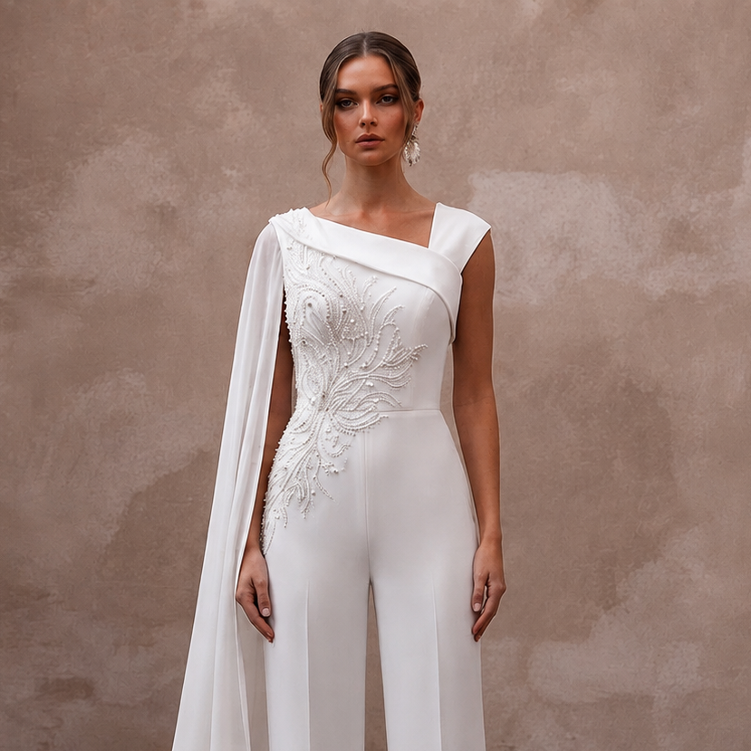 Modern White Stretch Georgette Draped Jumpsuit for Elopement