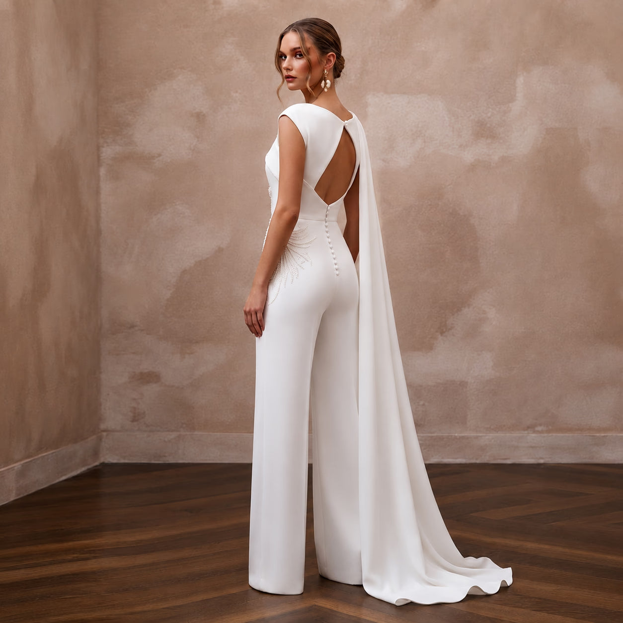 Modern White Stretch Georgette Draped Jumpsuit for Elopement Secondary image