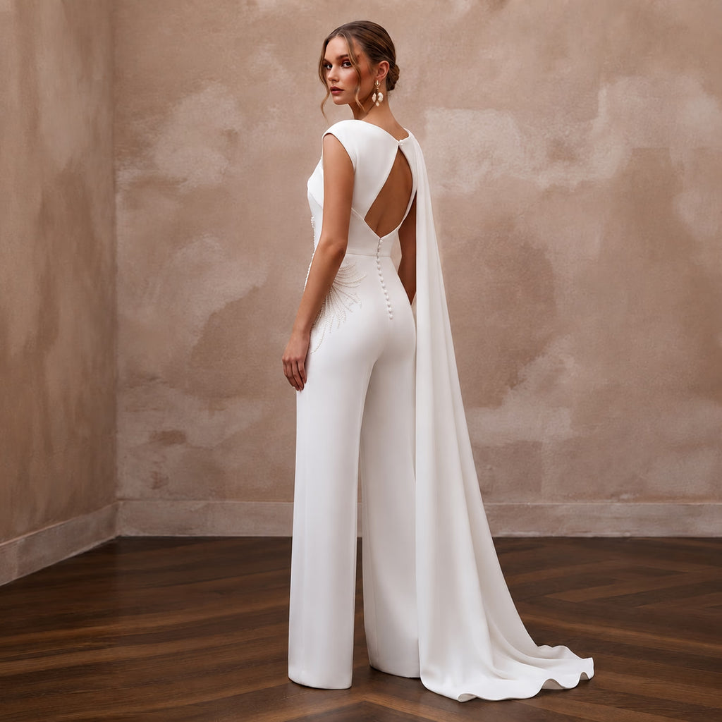 Modern White Stretch Georgette Draped Jumpsuit for Elopement - Apparel & Accessories > Clothing > Wedding & Bridal Party Dresses > Wedding Dresses - Mignonette Bridal