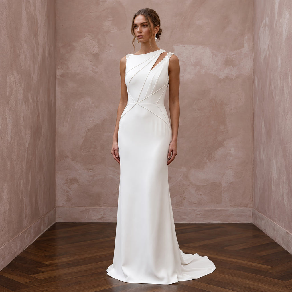 Modernist Ivory Georgette Column Bridal Dress for Architectural Elopement