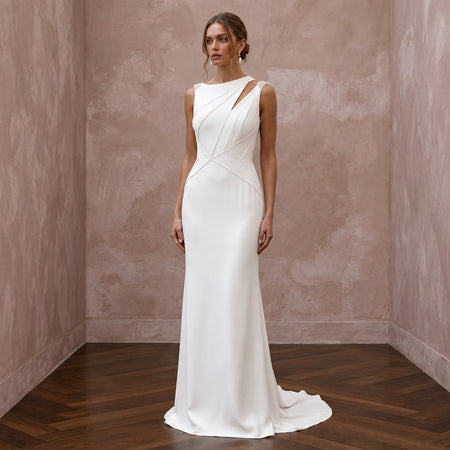 Modernist Ivory Georgette Column Bridal Dress for Architectural Elopement