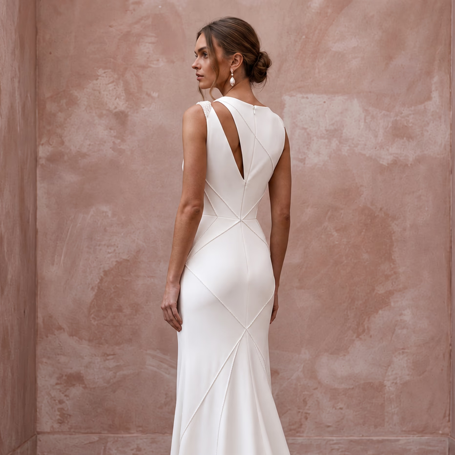 Modernist Ivory Georgette Column Bridal Dress for Architectural Elopement