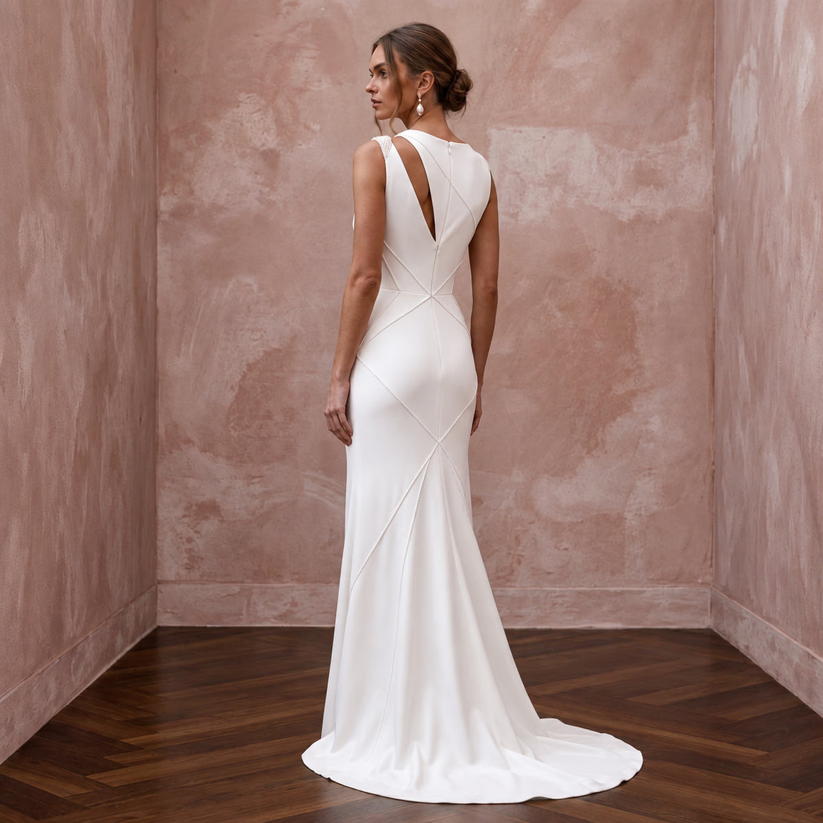 Modernist Ivory Georgette Column Bridal Dress for Architectural Elopement