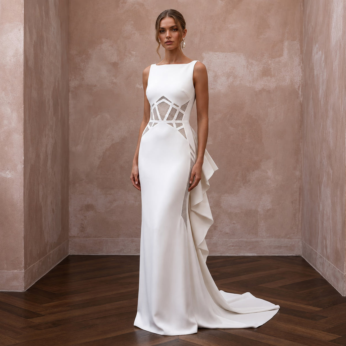 Modernist Ivory Georgette Column for Architectural Elopement - Apparel & Accessories > Clothing > Wedding & Bridal Party Dresses > Wedding Dresses - Mignonette Bridal Main image