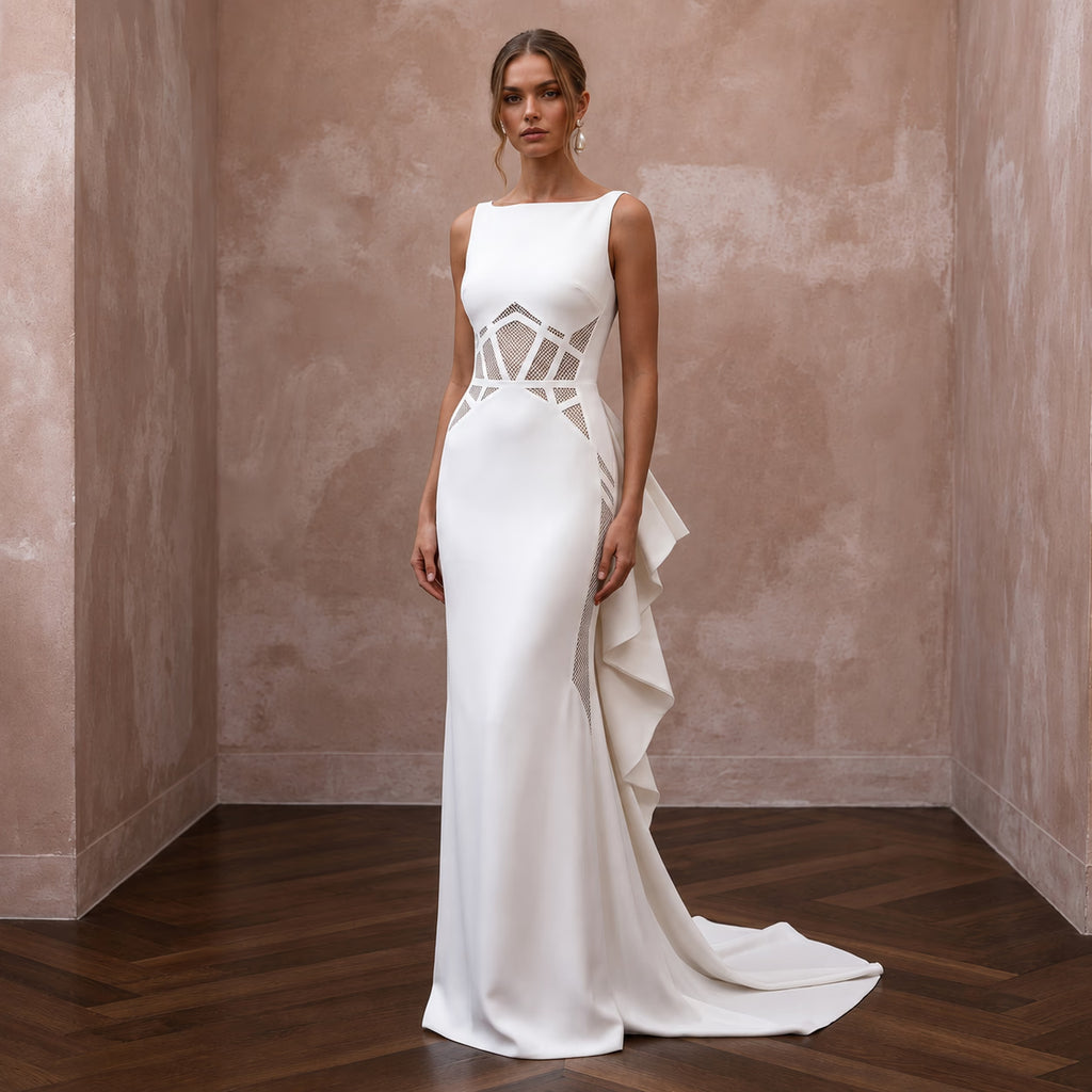 Modernist Ivory Georgette Column for Architectural Elopement - Apparel & Accessories > Clothing > Wedding & Bridal Party Dresses > Wedding Dresses - Mignonette Bridal