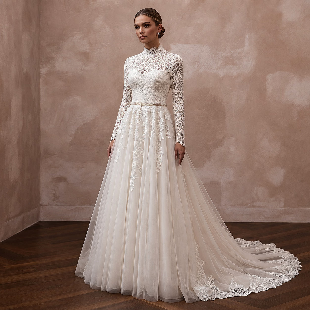 Ivory lace A-line wedding dress with long sleeves, high neck, fitted bodice, tulle skirt