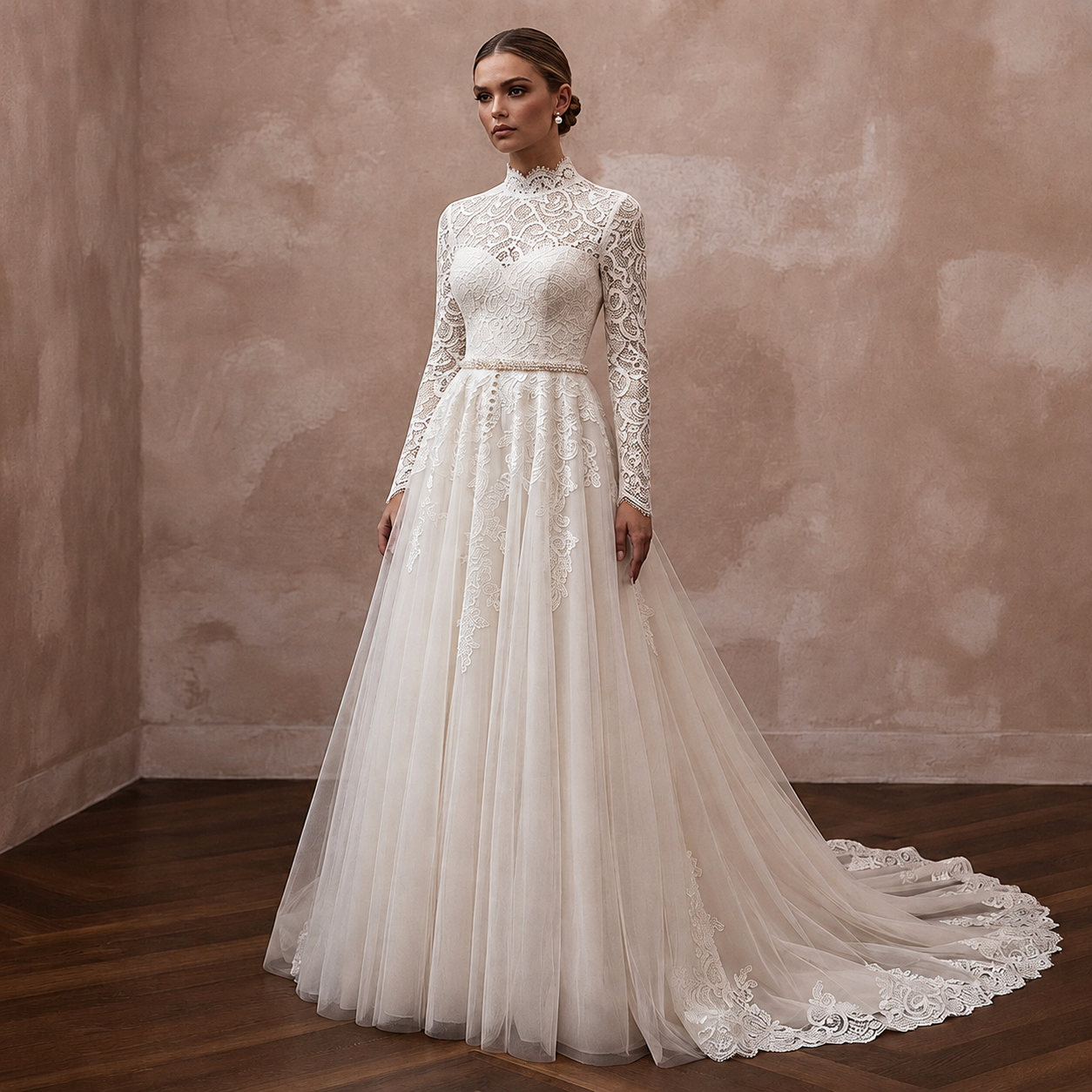 Ivory lace A-line wedding dress with long sleeves, high neck, fitted bodice, tulle skirt Main image