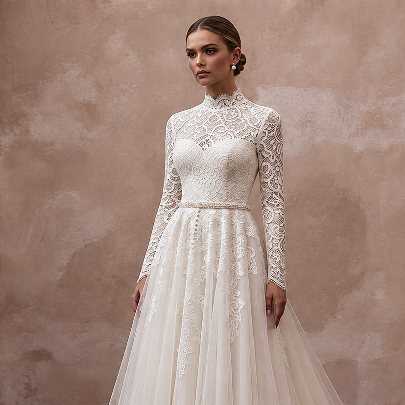 Ivory lace wedding dress with long lace sleeves, high neckline, textured bodice, A-line skirt