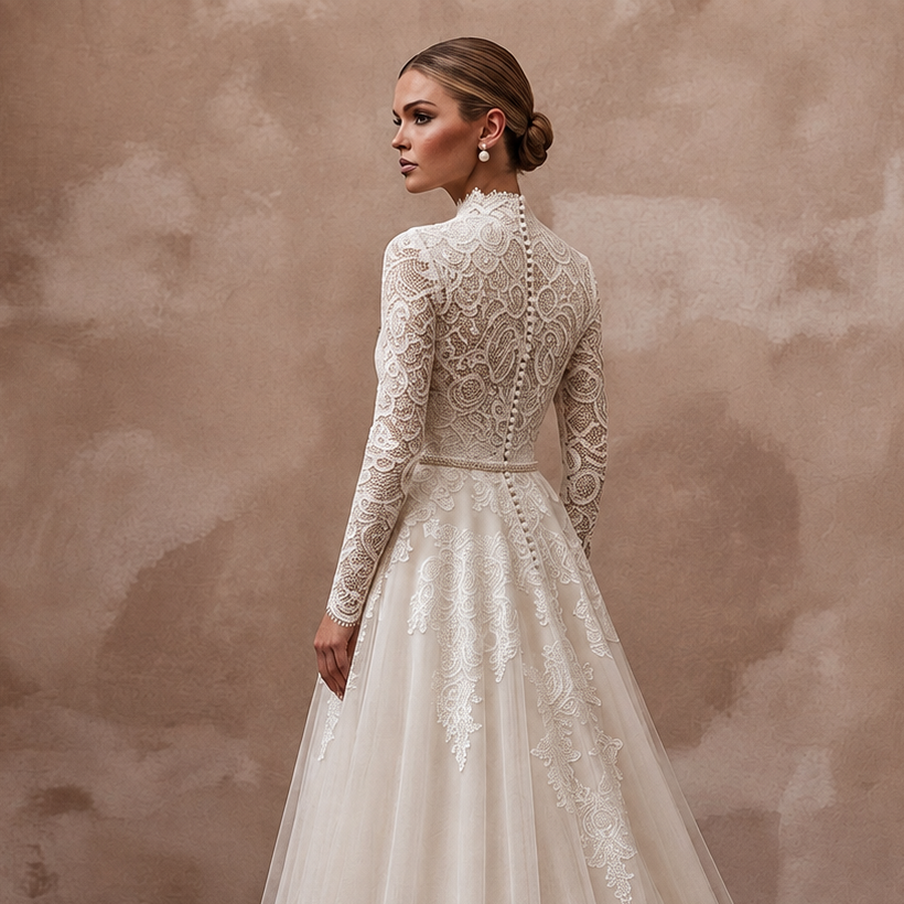Ivory lace back-detail A-line wedding dress with long sleeves, high neck, flowing tulle skirt