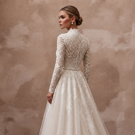 Ivory lace back-detail A-line wedding dress with long sleeves, high neck, flowing tulle skirt
