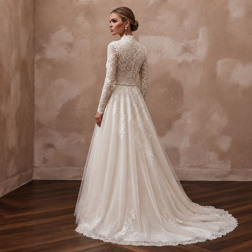 Ivory A-line wedding dress with high lace collar, long sleeves, embroidered tulle skirt and lace hem