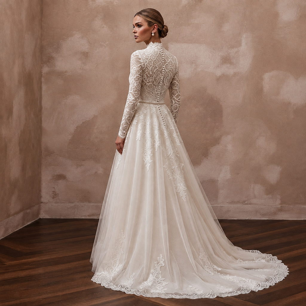 Ivory A-line wedding dress with high lace collar, long sleeves, embroidered tulle skirt and lace hem