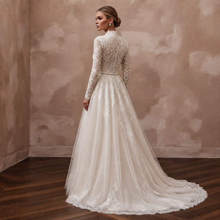 Ivory A-line wedding dress with high lace collar, long sleeves, embroidered tulle skirt and lace hem