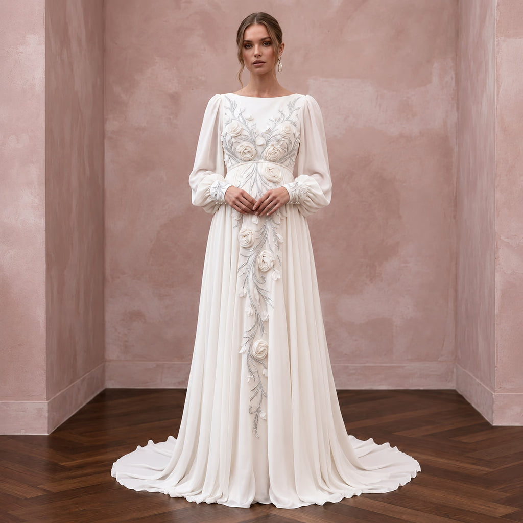 Modest Alabaster Chiffon Bishop Sleeve Empire Waist Maternity Wedding Dress - Apparel & Accessories > Clothing > Wedding & Bridal Party Dresses > Wedding Dresses - Mignonette Bridal