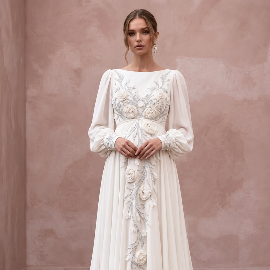 Modest Alabaster Chiffon Bishop Sleeve Empire Waist Maternity Wedding Dress - Apparel & Accessories > Clothing > Wedding & Bridal Party Dresses > Wedding Dresses - Mignonette Bridal