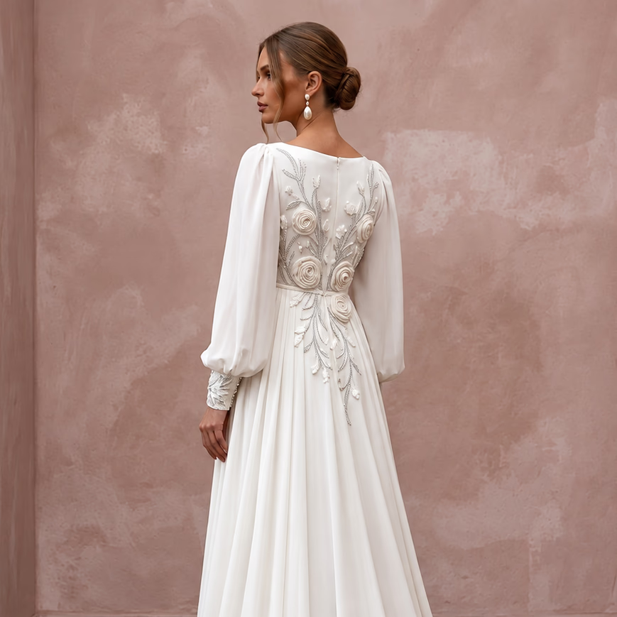 Modest Alabaster Chiffon Bishop Sleeve Empire Waist Maternity Wedding Dress - Apparel & Accessories > Clothing > Wedding & Bridal Party Dresses > Wedding Dresses - Mignonette Bridal