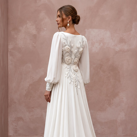 Modest Alabaster Chiffon Bishop Sleeve Empire Waist Maternity Wedding Dress - Apparel & Accessories > Clothing > Wedding & Bridal Party Dresses > Wedding Dresses - Mignonette Bridal