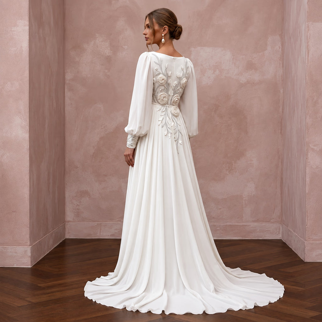 Modest Alabaster Chiffon Bishop Sleeve Empire Waist Maternity Wedding Dress - Apparel & Accessories > Clothing > Wedding & Bridal Party Dresses > Wedding Dresses - Mignonette Bridal