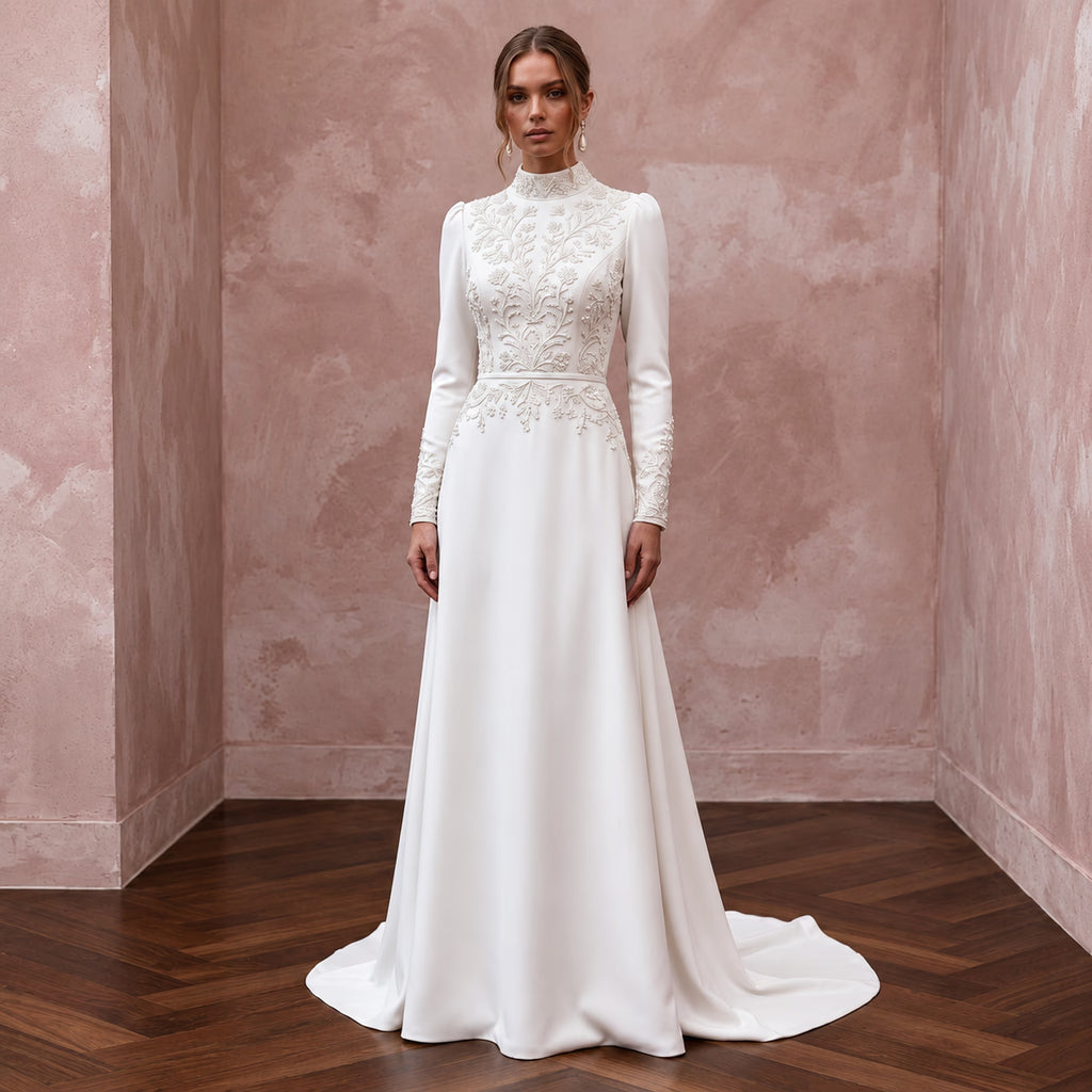 Modest Alabaster Crepe High Neck Long Sleeve A-Line Bridal Dress