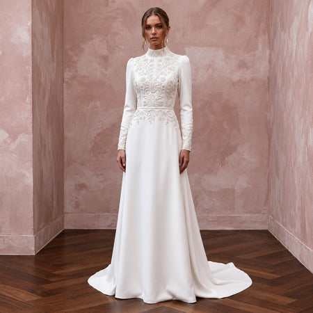 Modest Alabaster Crepe High Neck Long Sleeve A-Line Bridal Dress