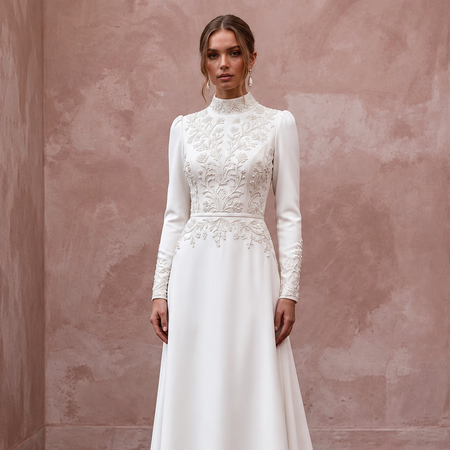 Modest Alabaster Crepe High Neck Long Sleeve A-Line Bridal Dress