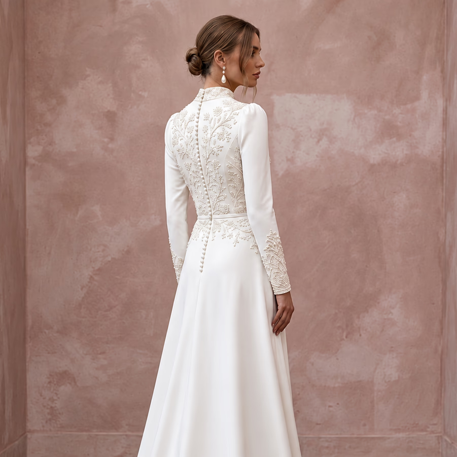 Modest Alabaster Crepe High Neck Long Sleeve A-Line Bridal Dress