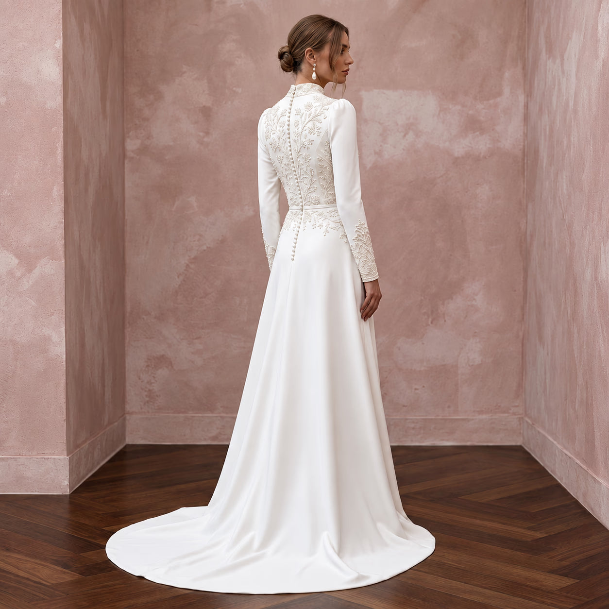 Modest Alabaster Crepe High Neck Long Sleeve A-Line Bridal Dress Secondary image