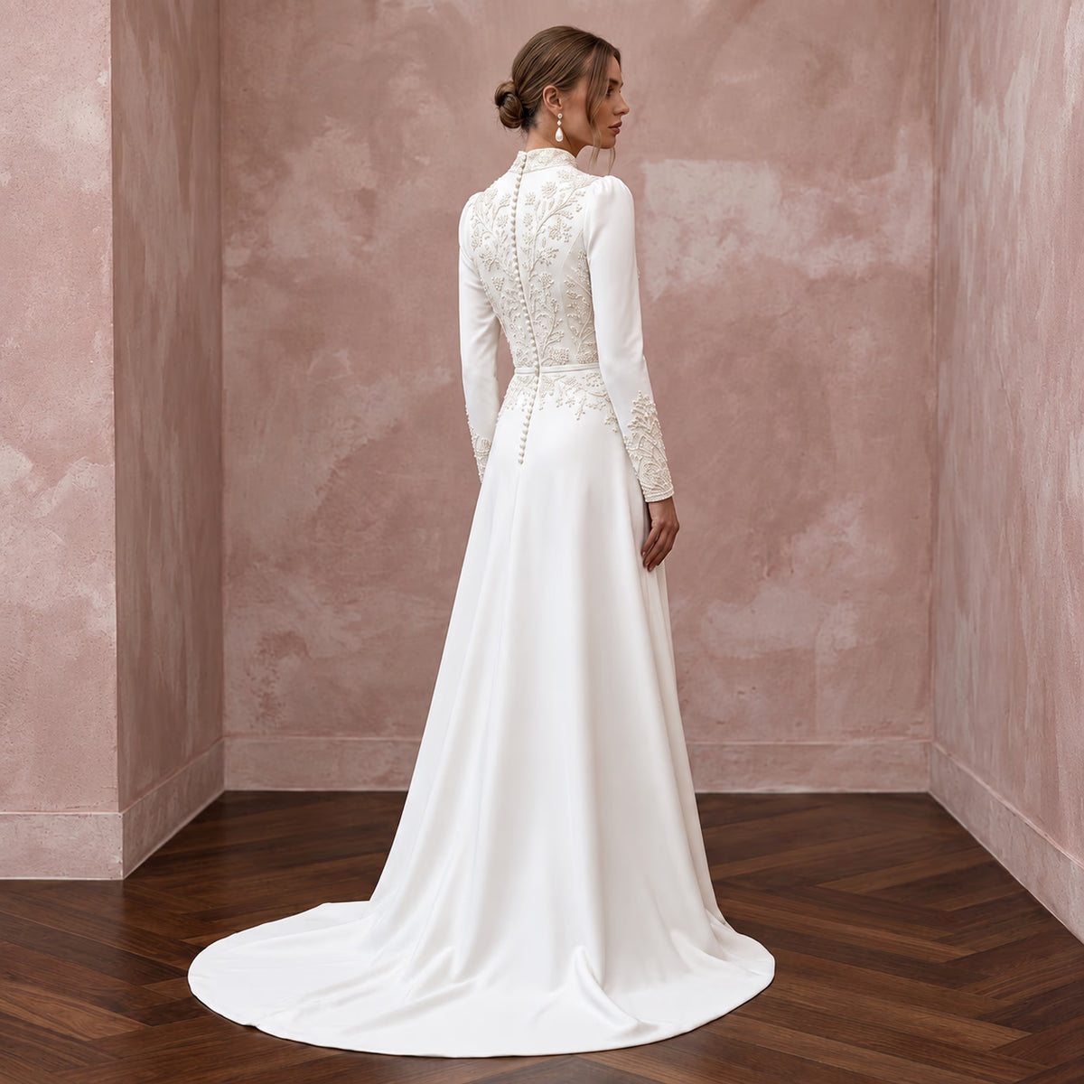 Modest Alabaster Crepe High Neck Long Sleeve A-Line Bridal Dress