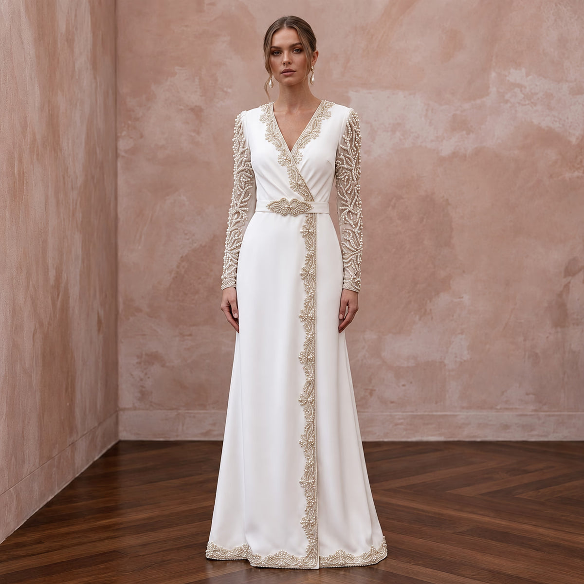 Modest Alabaster Crepe Long Sleeve Wrap Front Maxi Dress