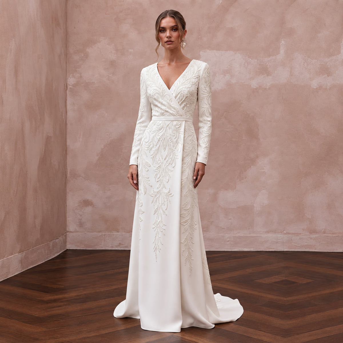 Modest Alabaster Crepe Long Sleeve Wrap Front Maxi Dress with intricate beading and elegant silhouette. Main image