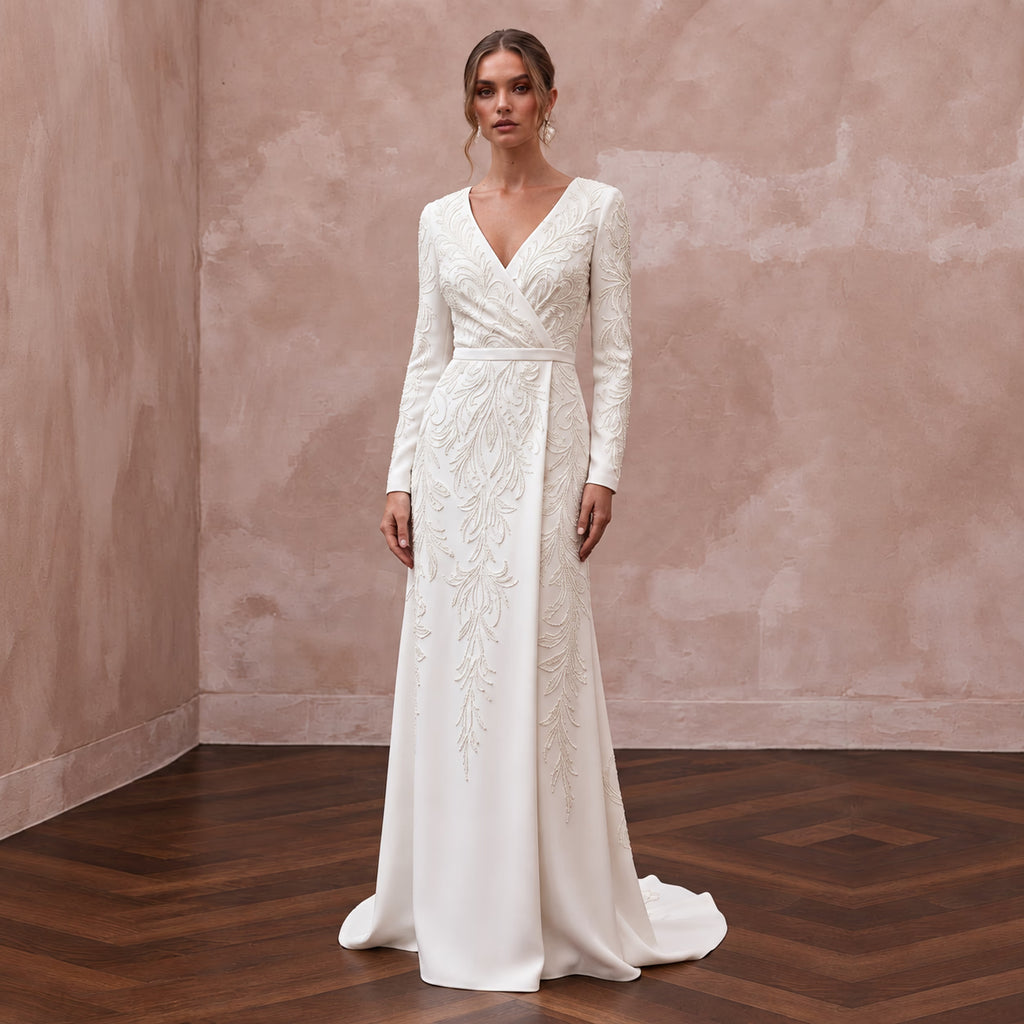Modest Alabaster Crepe Long Sleeve Wrap Front Maxi Dress with intricate beading and elegant silhouette.